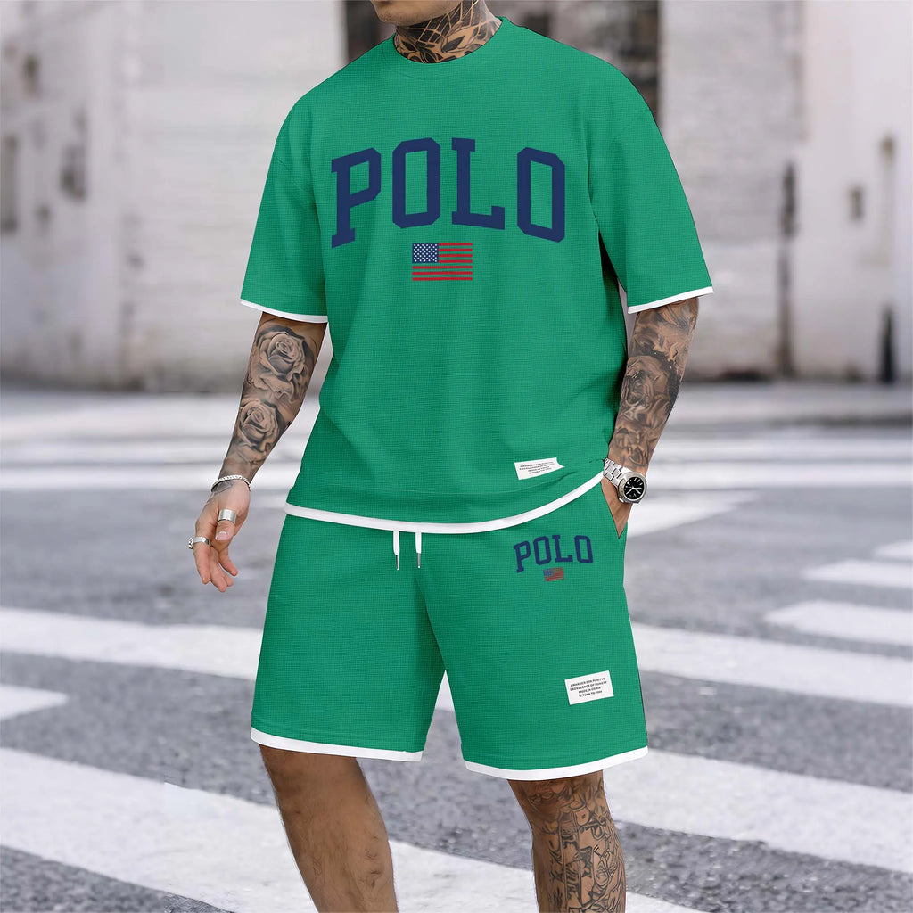 Men'S Polo Print Drawstring Shorts Set for Spring/Summer. a Casual Summer Outfit, Including a Short-Sleeved Shirt and Shorts, Suitable for Everyday Wear and Sports. a Two-Piece Set for a Relaxed and Energetic Lifestyle.