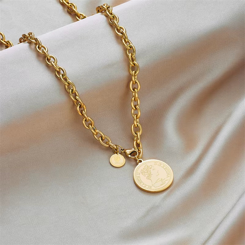 DIEYURO 316L Stainless Steel Gold Color Hip Hop round Portrait Coin Necklace for Women Men Fashion Trend Girl Jewelry Gift Joyas