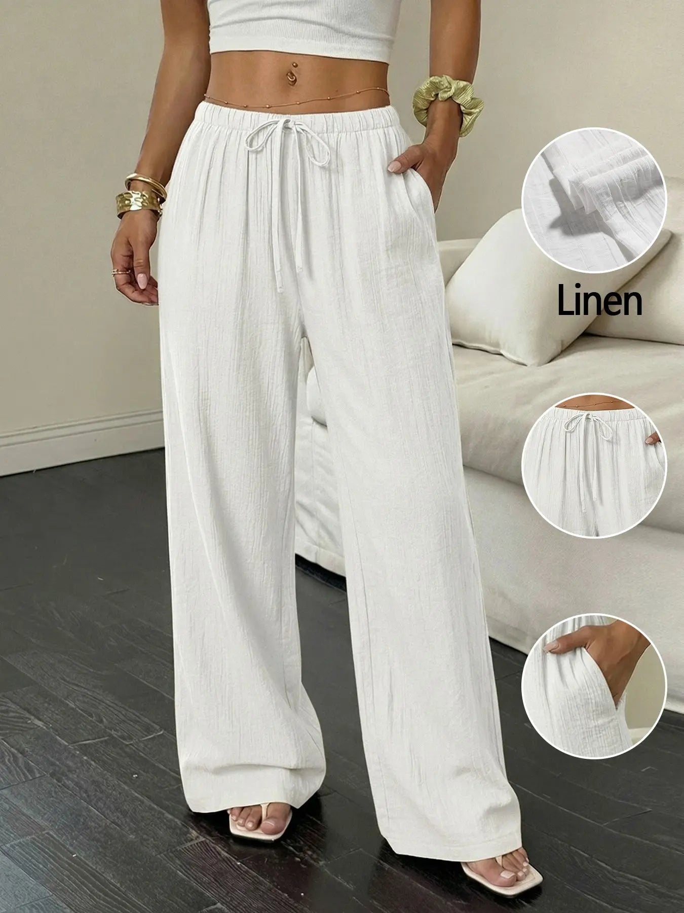 Women'S Linen Breathable Palazzo Pants Classical Summer Flowy Wide Leg Beach Trousers with Pocket Casual Solid Color Soft Elastic High Waist Lounge Pants Travel Vacation Bottoms Date Brunch Home Work Streetwear Outfit