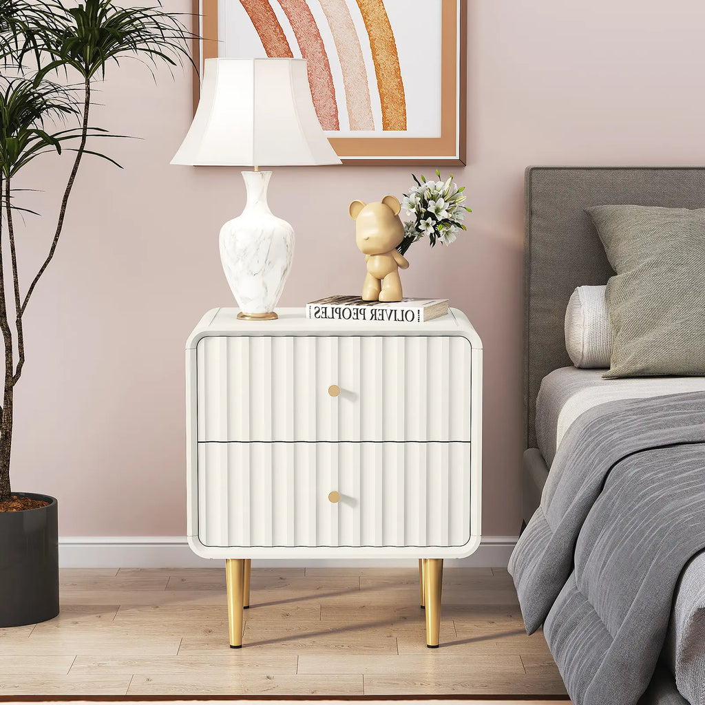 HLR Modern White Nightstand with Gold Handles – P2 MDF Frame, Easy Storage, Easy Assembly, Space-Saving – Bedroom, Living Room, Small Space, Elegant Design – Dust & Stain Resistant, Quick Clean, Versatile & Stylish, Perfect for Minimalist Rooms