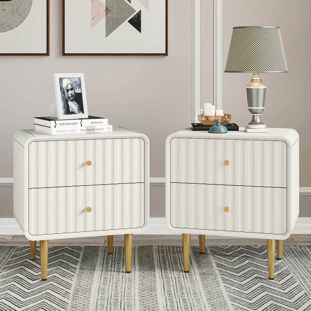HLR Modern White Nightstand with Gold Handles – P2 MDF Frame, Easy Storage, Easy Assembly, Space-Saving – Bedroom, Living Room, Small Space, Elegant Design – Dust & Stain Resistant, Quick Clean, Versatile & Stylish, Perfect for Minimalist Rooms