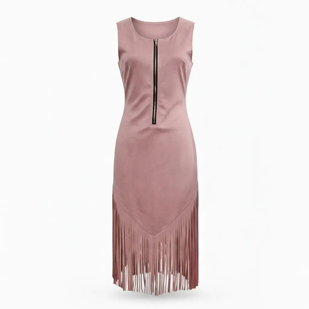 【Fringe Dress】Sky Blue Zip Front V-Hem Tassel Unique Western Sleek Fringe Dress Summer Midi for Women Sleeveless Womenswear