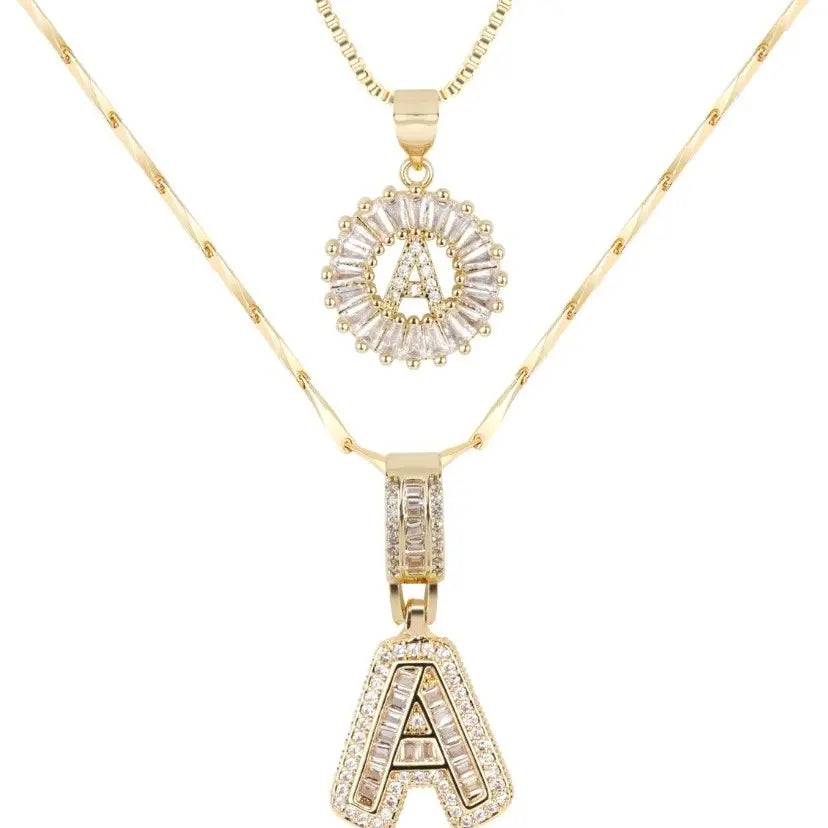 Lustre Link 2 Pack Initial Letter Necklace 14K Gold Plated Bling Dainty Necklaces Trendy Chunky Custom Name Necklace Personalized round Circle Pendant Zirconia Letters Name Valentine'S Day Anniversary Jewelry Set Gifts for Mom Gifts for Daughter
