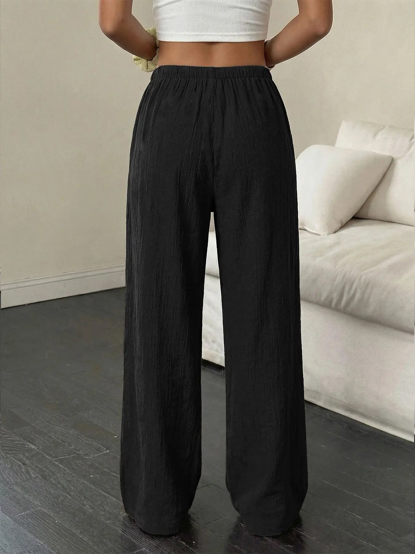 Women'S Linen Breathable Palazzo Pants Classical Summer Flowy Wide Leg Beach Trousers with Pocket Casual Solid Color Soft Elastic High Waist Lounge Pants Travel Vacation Bottoms Date Brunch Home Work Streetwear Outfit