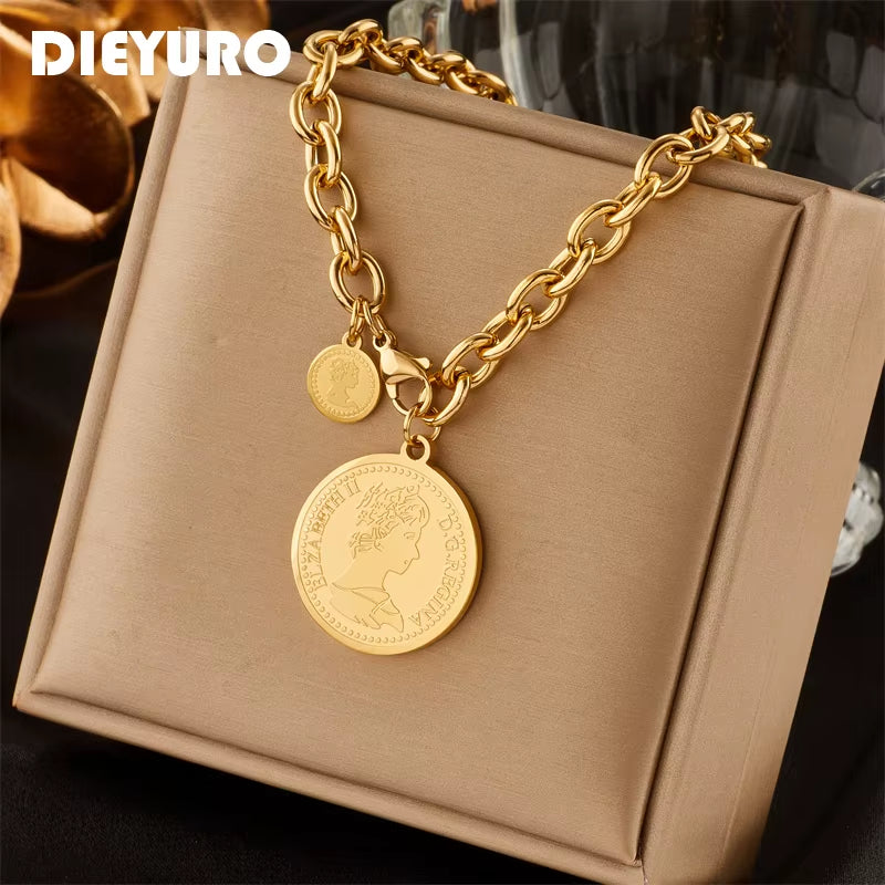 DIEYURO 316L Stainless Steel Gold Color Hip Hop round Portrait Coin Necklace for Women Men Fashion Trend Girl Jewelry Gift Joyas