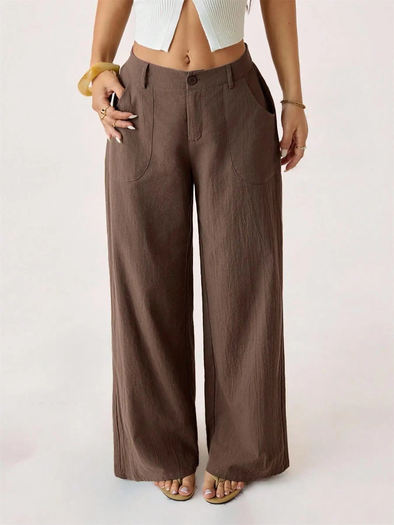 Women'S Classical Linen Lightweight Palazzo Pants Summer Flowy Wide Straight Leg Beach Trousers with Pocket Casual Solid Color Soft Elastic High Waist Lounge Pants Travel Vacation Bottoms Date Brunch Home Work Streetwear Outfit Womenswear