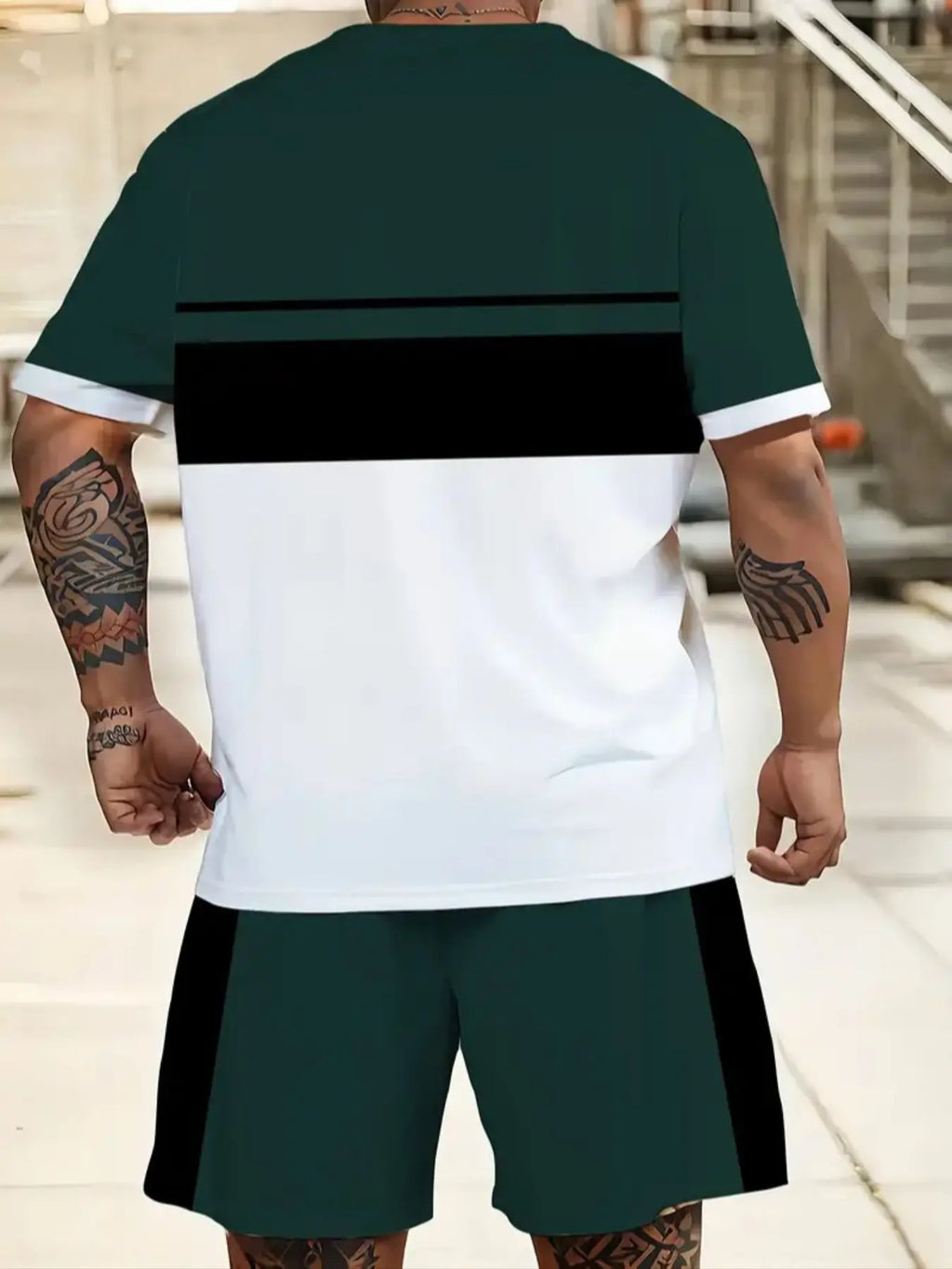 Men'S plus Size 3D King Striped T-Shirt and Shorts Set, Polyester Fiber, Summer Sports, Party, Travel Gift, Loose Fit