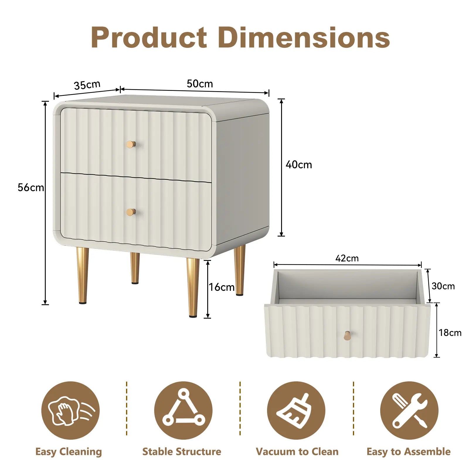 HLR Modern White Nightstand with Gold Handles – P2 MDF Frame, Easy Storage, Easy Assembly, Space-Saving – Bedroom, Living Room, Small Space, Elegant Design – Dust & Stain Resistant, Quick Clean, Versatile & Stylish, Perfect for Minimalist Rooms