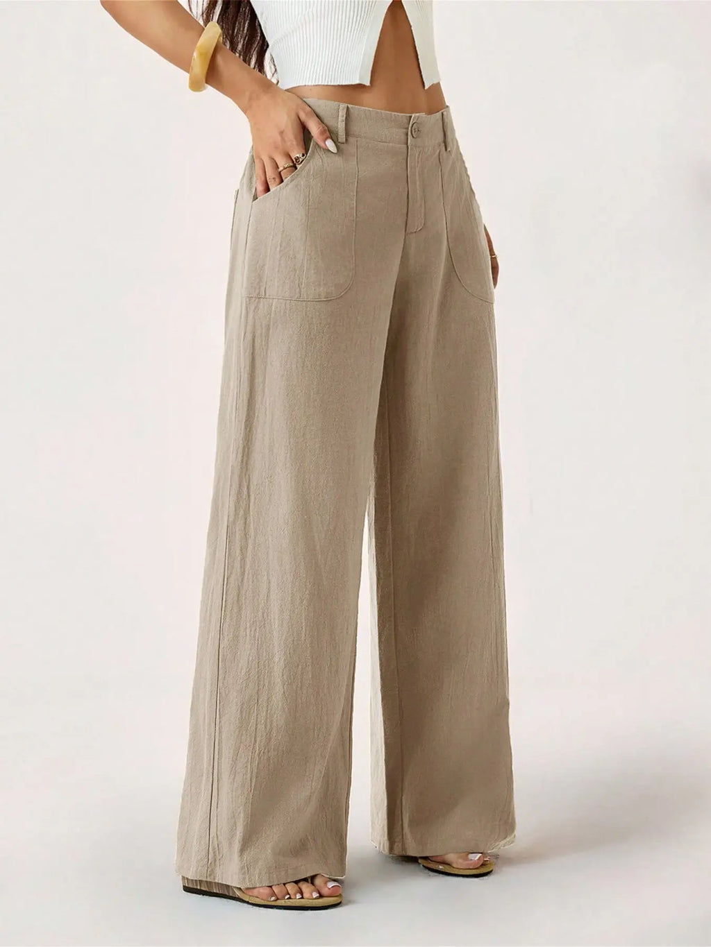 Women'S Classical Linen Lightweight Palazzo Pants Summer Flowy Wide Straight Leg Beach Trousers with Pocket Casual Solid Color Soft Elastic High Waist Lounge Pants Travel Vacation Bottoms Date Brunch Home Work Streetwear Outfit Womenswear