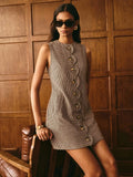 Women'S Plaid Houndstooth Button Front Dress, Sleeveless Fitted Mini Dress with Pockets, Elegant Straight Tube Top, Vintage Style, Fall & Winter Fashion, Casual Wear