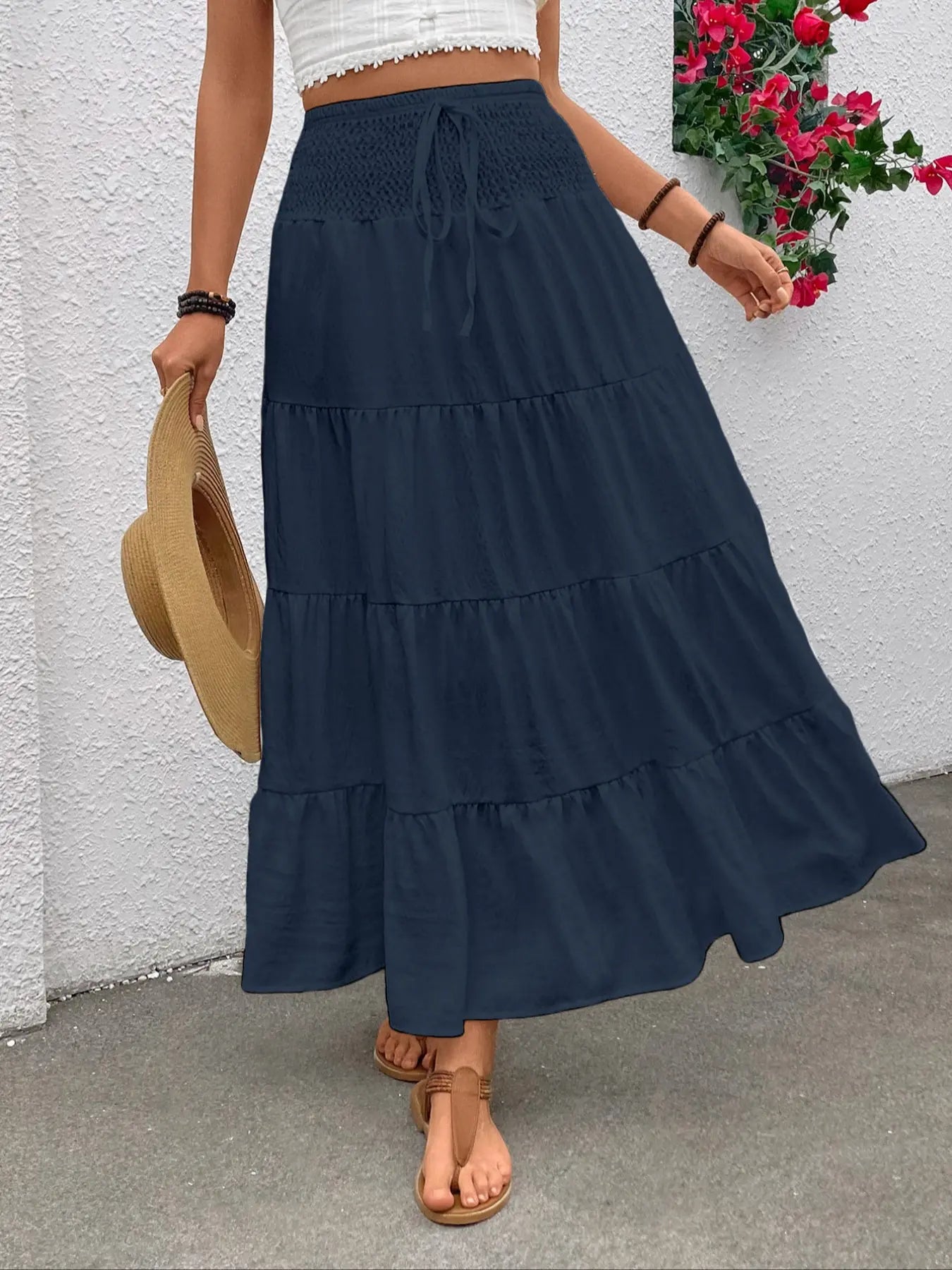 Women'S Plain Boho Style High Waist A-Line Skirt, Woven Elasticity Loose-Fitting Long Dress with Adjustable Drawstring Design, Casual Fashion for All Seasons